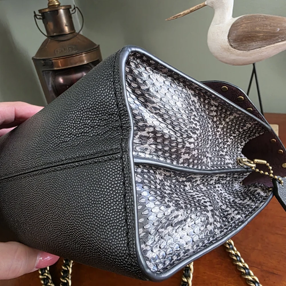 Coach 53344 Parker Rivets Genuine Snakeskin Black Leather Chain Shoulder Bag